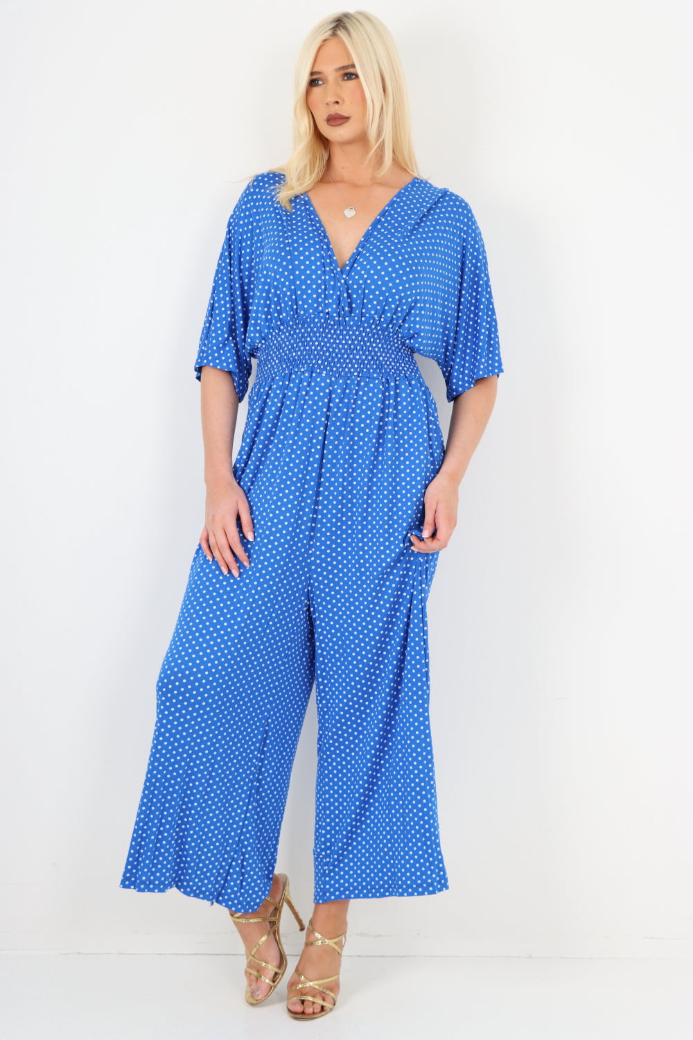 italian polka dot print shirred elasticated waist v neck jumpsuit Jumpsuits & Rompers WearAll Royal Blue One Size To Fit UK 8-18