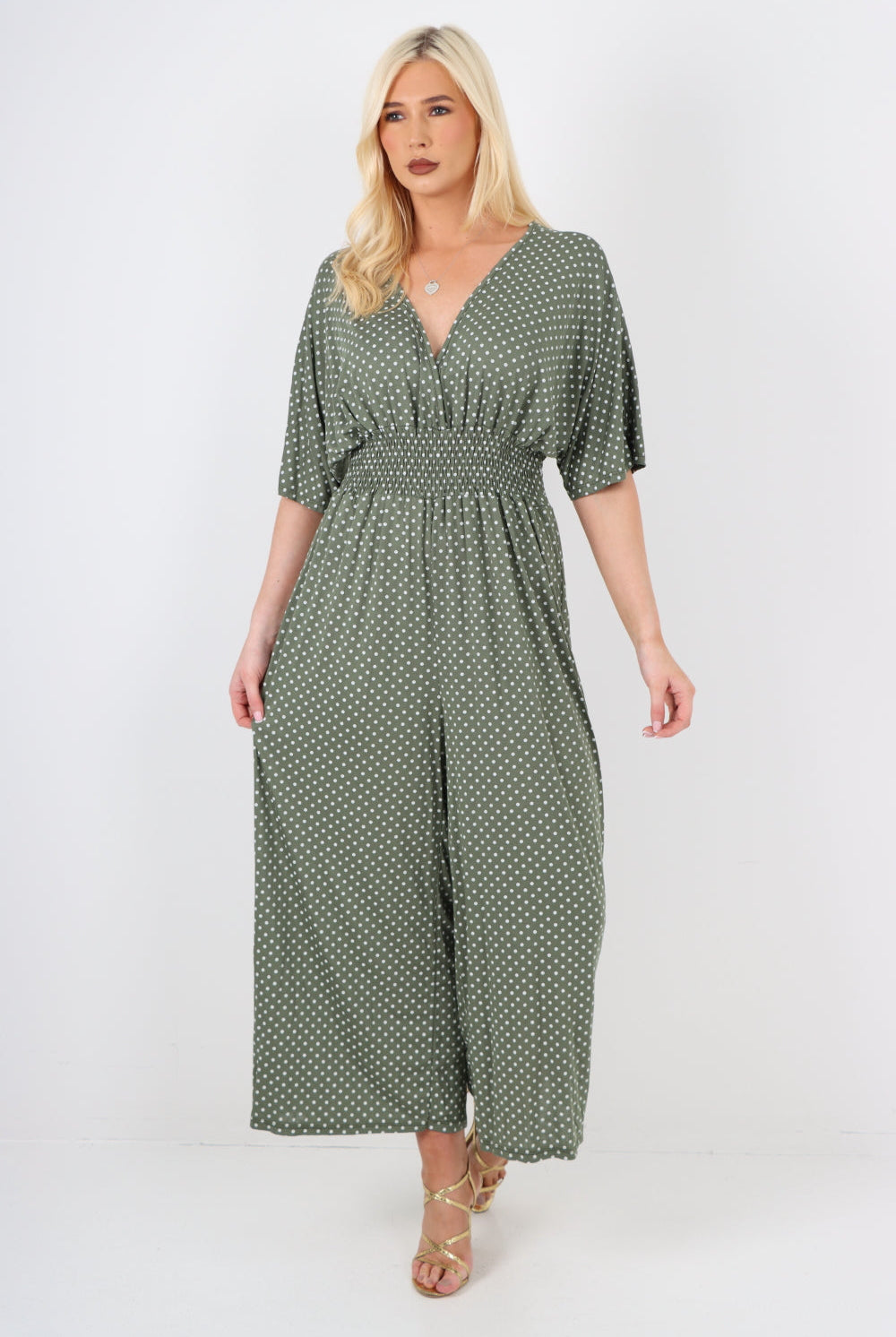 italian polka dot print shirred elasticated waist v neck jumpsuit Jumpsuits & Rompers WearAll