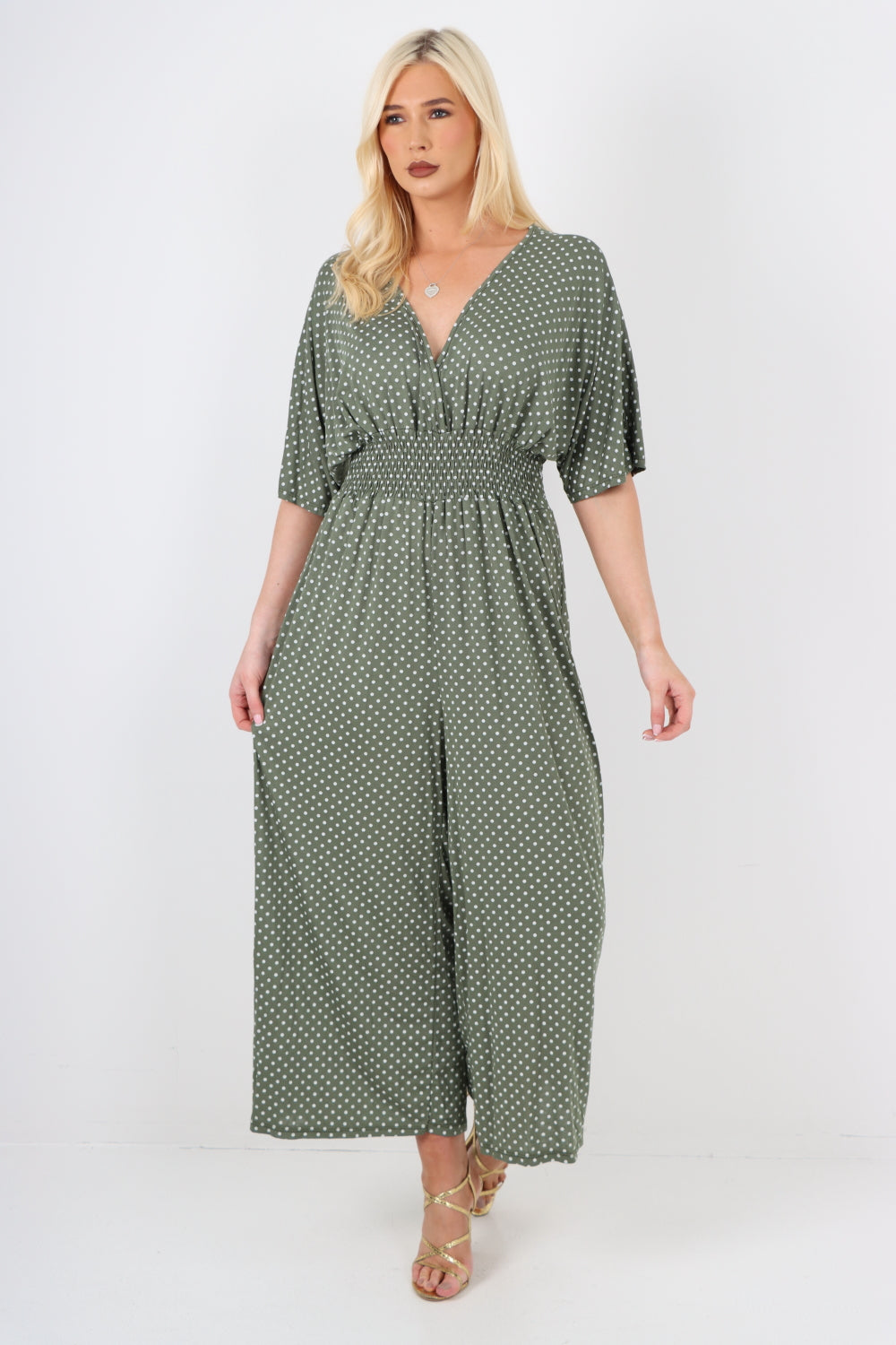 italian polka dot print shirred elasticated waist v neck jumpsuit Jumpsuits & Rompers WearAll