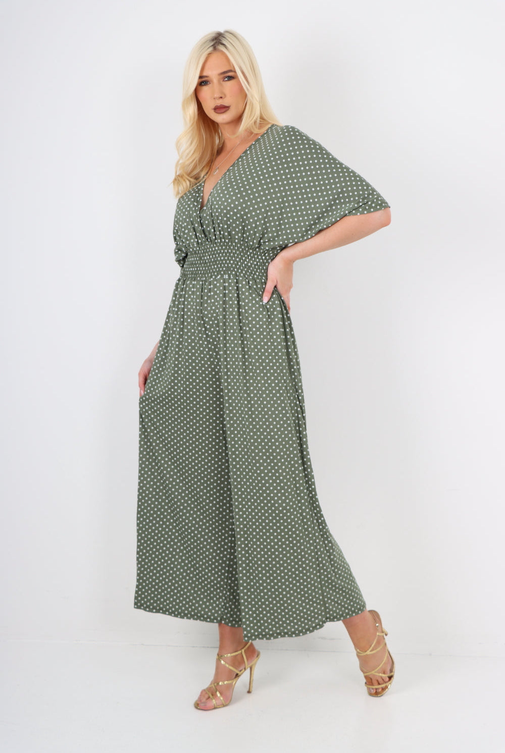 italian polka dot print shirred elasticated waist v neck jumpsuit Jumpsuits & Rompers WearAll