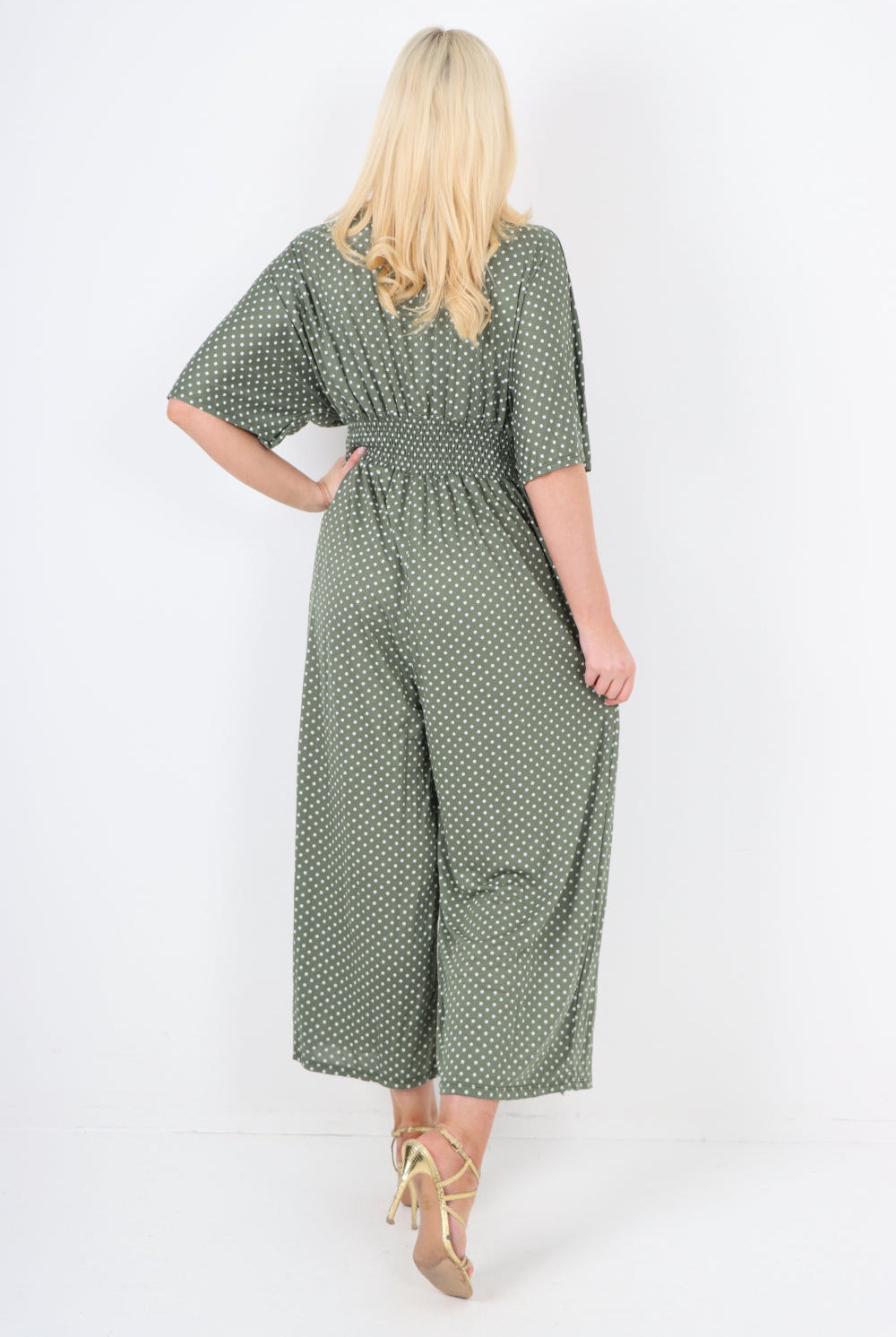 italian polka dot print shirred elasticated waist v neck jumpsuit Jumpsuits & Rompers WearAll