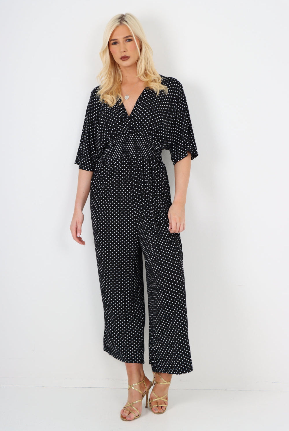 italian polka dot print shirred elasticated waist v neck jumpsuit Jumpsuits & Rompers WearAll