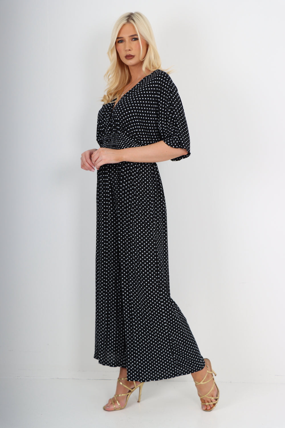 italian polka dot print shirred elasticated waist v neck jumpsuit Jumpsuits & Rompers WearAll