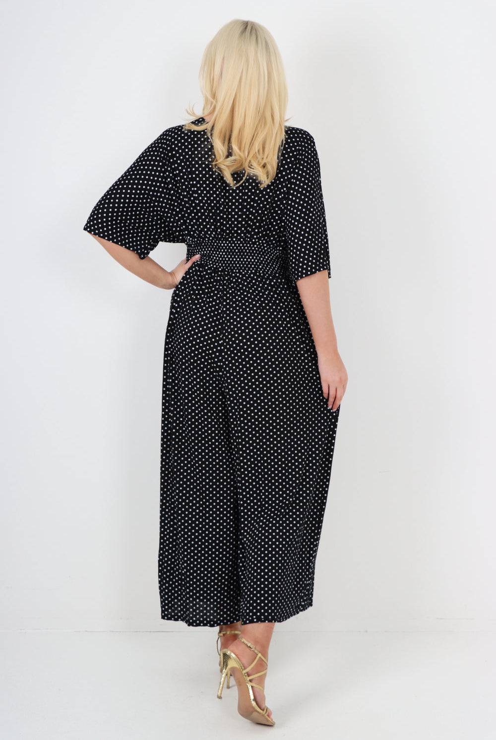 italian polka dot print shirred elasticated waist v neck jumpsuit Jumpsuits & Rompers WearAll