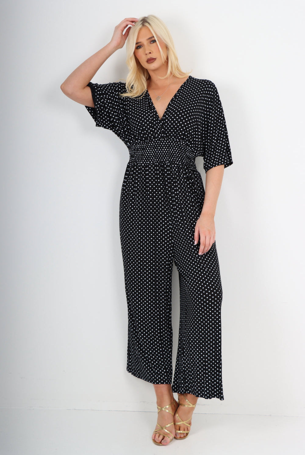 italian polka dot print shirred elasticated waist v neck jumpsuit Jumpsuits & Rompers WearAll Black One Size To Fit UK 8-18