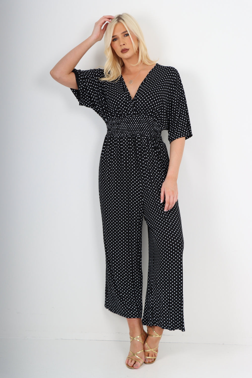 italian polka dot print shirred elasticated waist v neck jumpsuit Jumpsuits & Rompers WearAll Black One Size To Fit UK 8-18