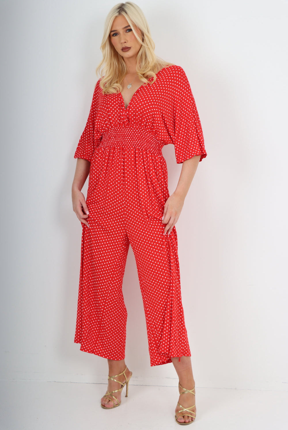 italian polka dot print shirred elasticated waist v neck jumpsuit Jumpsuits & Rompers WearAll