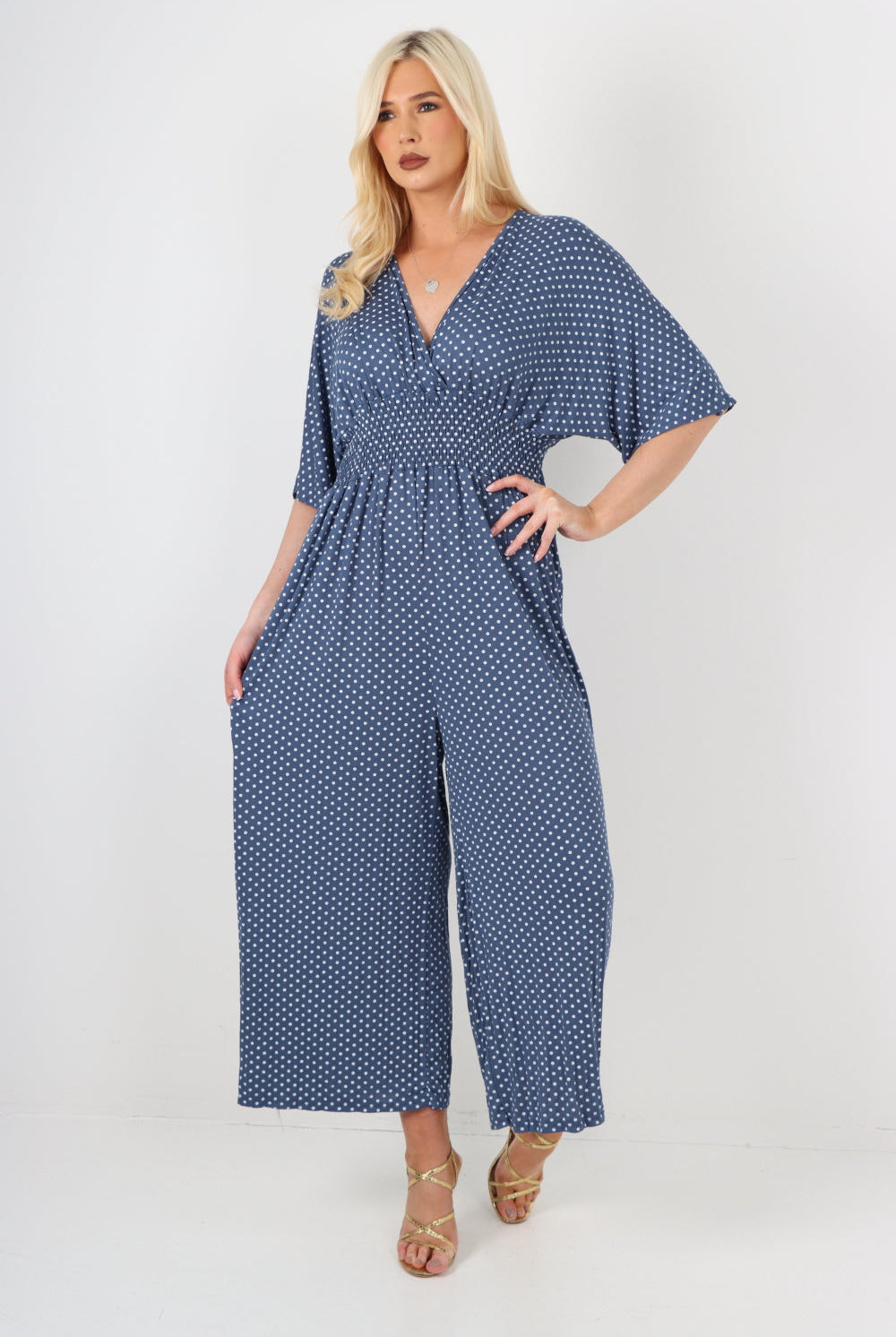 italian polka dot print shirred elasticated waist v neck jumpsuit Jumpsuits & Rompers WearAll