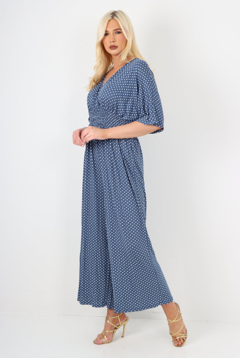 italian polka dot print shirred elasticated waist v neck jumpsuit Jumpsuits & Rompers WearAll