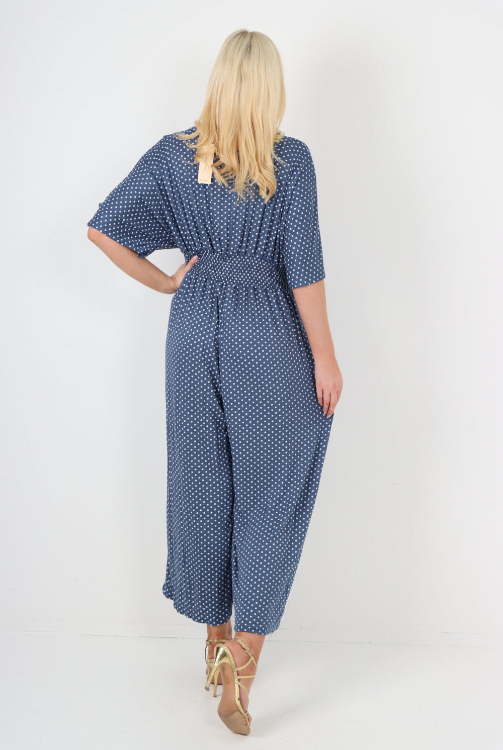 italian polka dot print shirred elasticated waist v neck jumpsuit Jumpsuits & Rompers WearAll