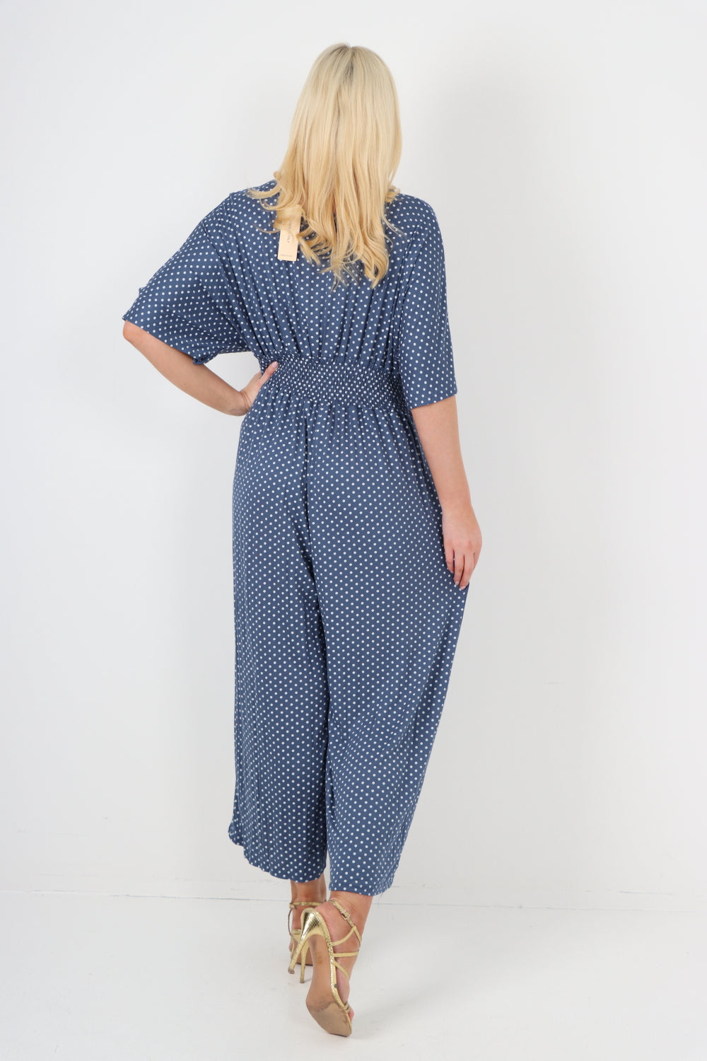 italian polka dot print shirred elasticated waist v neck jumpsuit Jumpsuits & Rompers WearAll