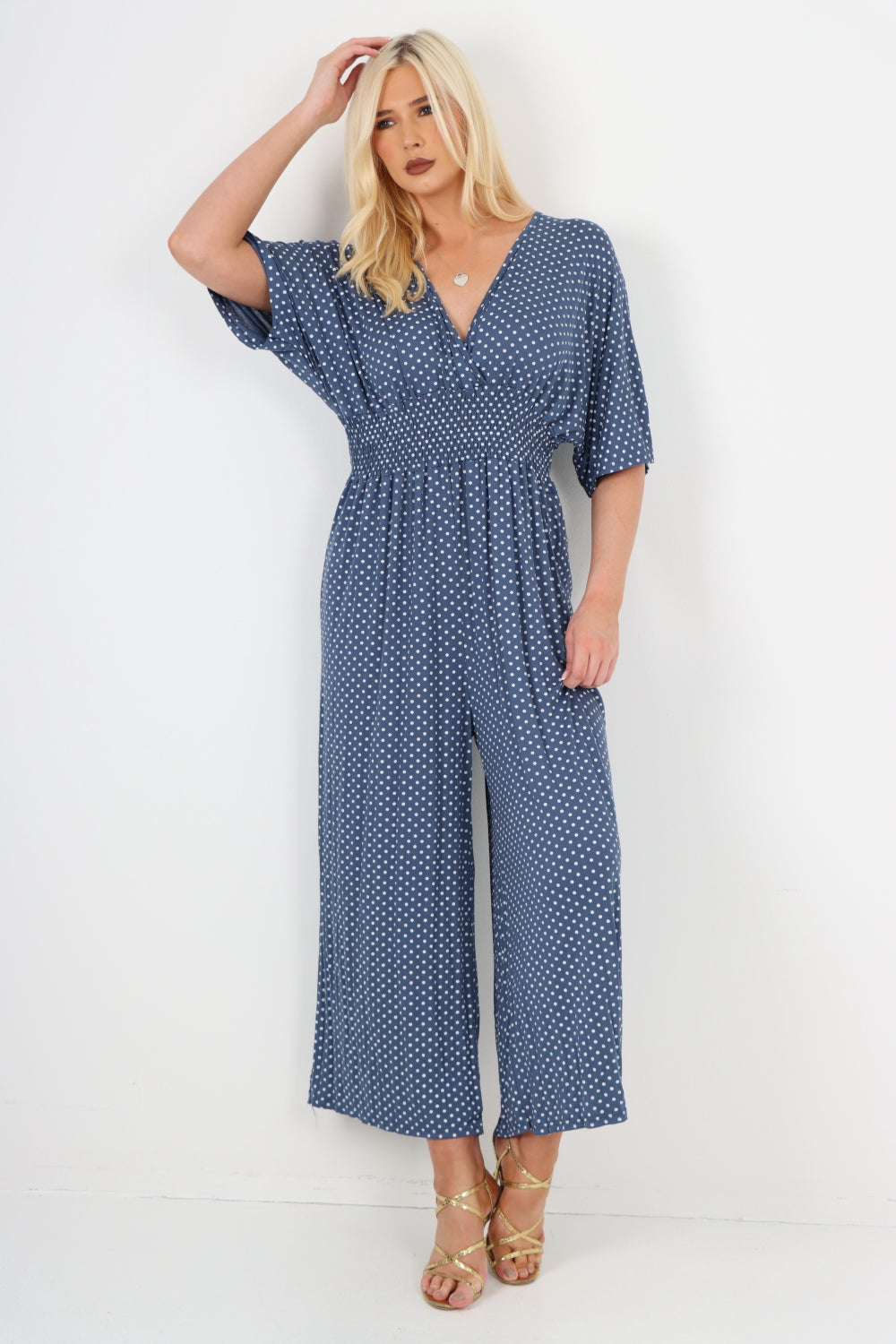 italian polka dot print shirred elasticated waist v neck jumpsuit Jumpsuits & Rompers WearAll Denim One Size To Fit UK 8-18