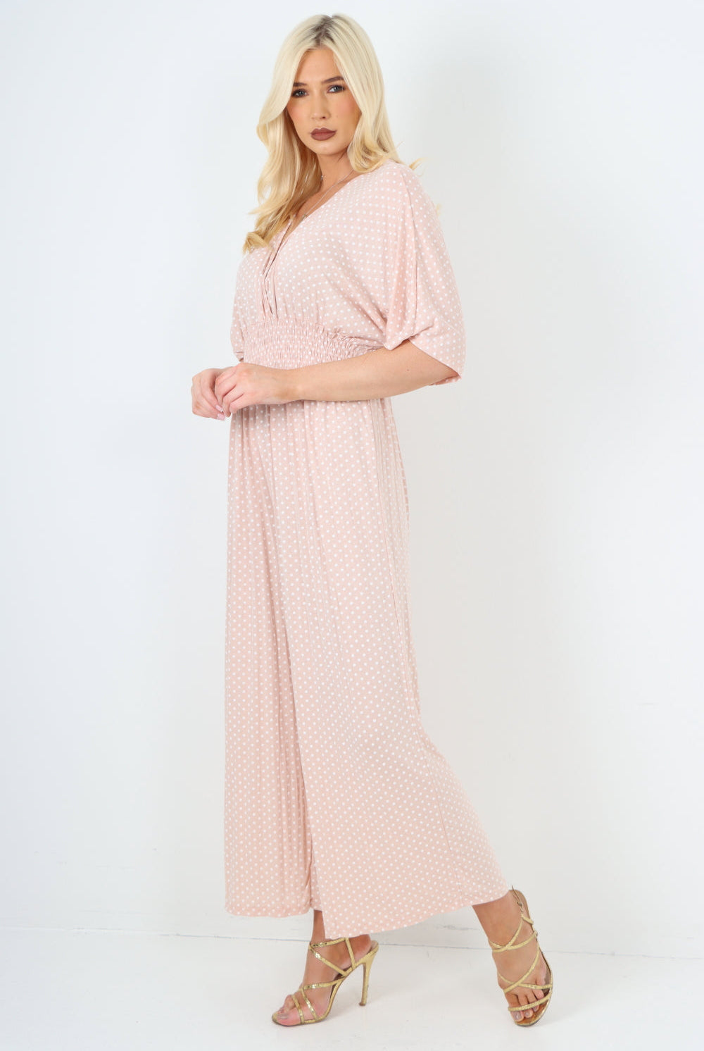 italian polka dot print shirred elasticated waist v neck jumpsuit Jumpsuits & Rompers WearAll