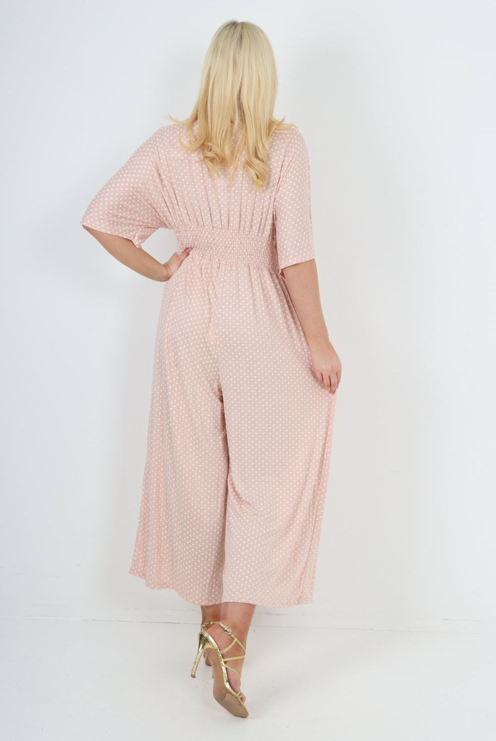 italian polka dot print shirred elasticated waist v neck jumpsuit Jumpsuits & Rompers WearAll