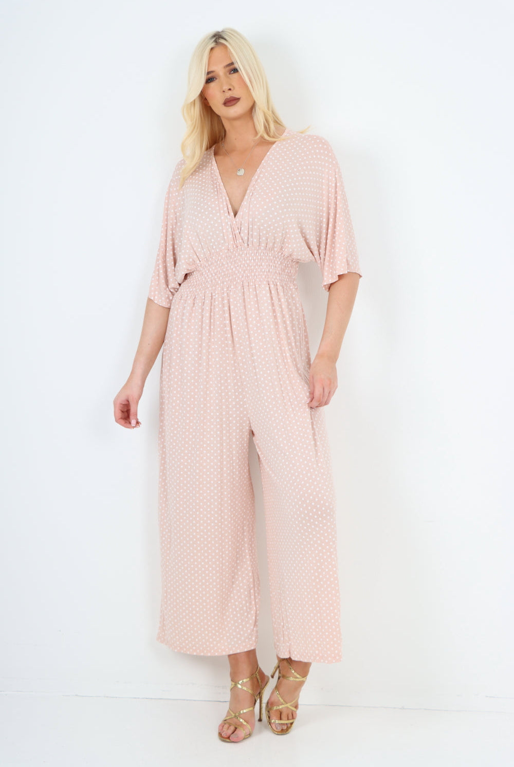 italian polka dot print shirred elasticated waist v neck jumpsuit Jumpsuits & Rompers WearAll Pink One Size To Fit UK 8-18