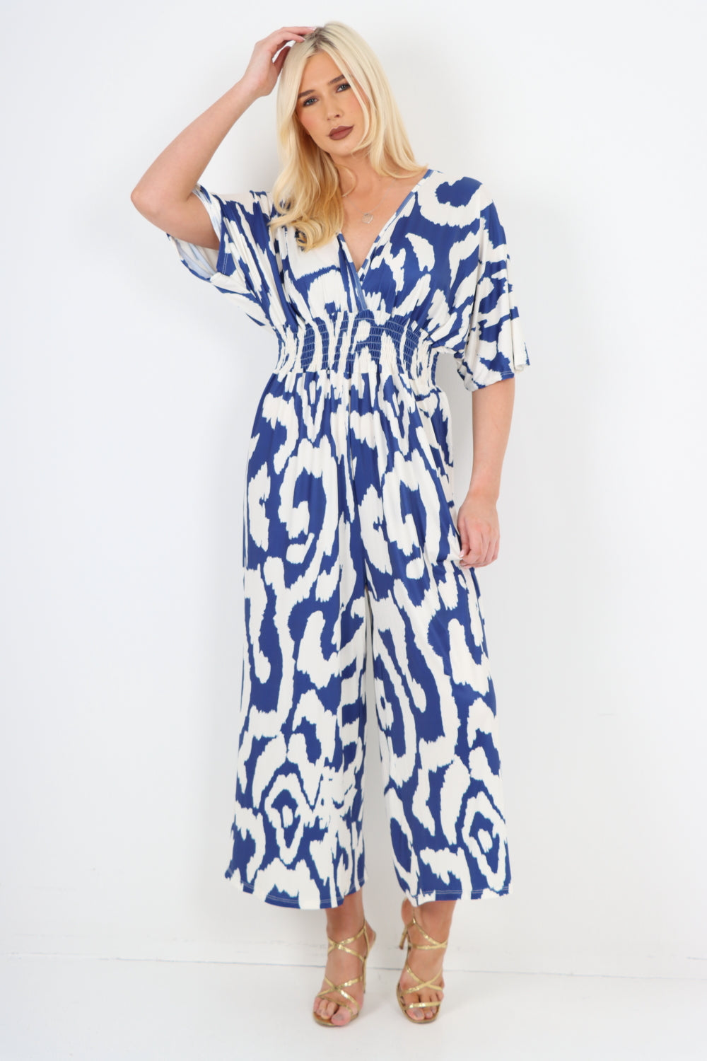 italian shirred elasticated waist animal print short sleeve jumpsuit Jumpsuits & Rompers WearAll Navy One Size To Fit UK 8-18