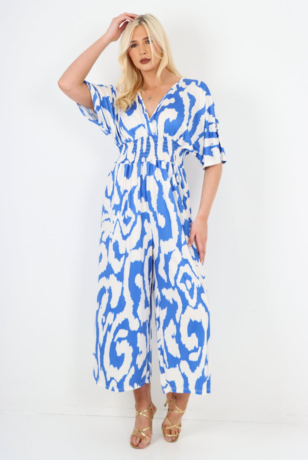 italian shirred elasticated waist animal print short sleeve jumpsuit Jumpsuits & Rompers WearAll Royal Blue One Size To Fit UK 8-18