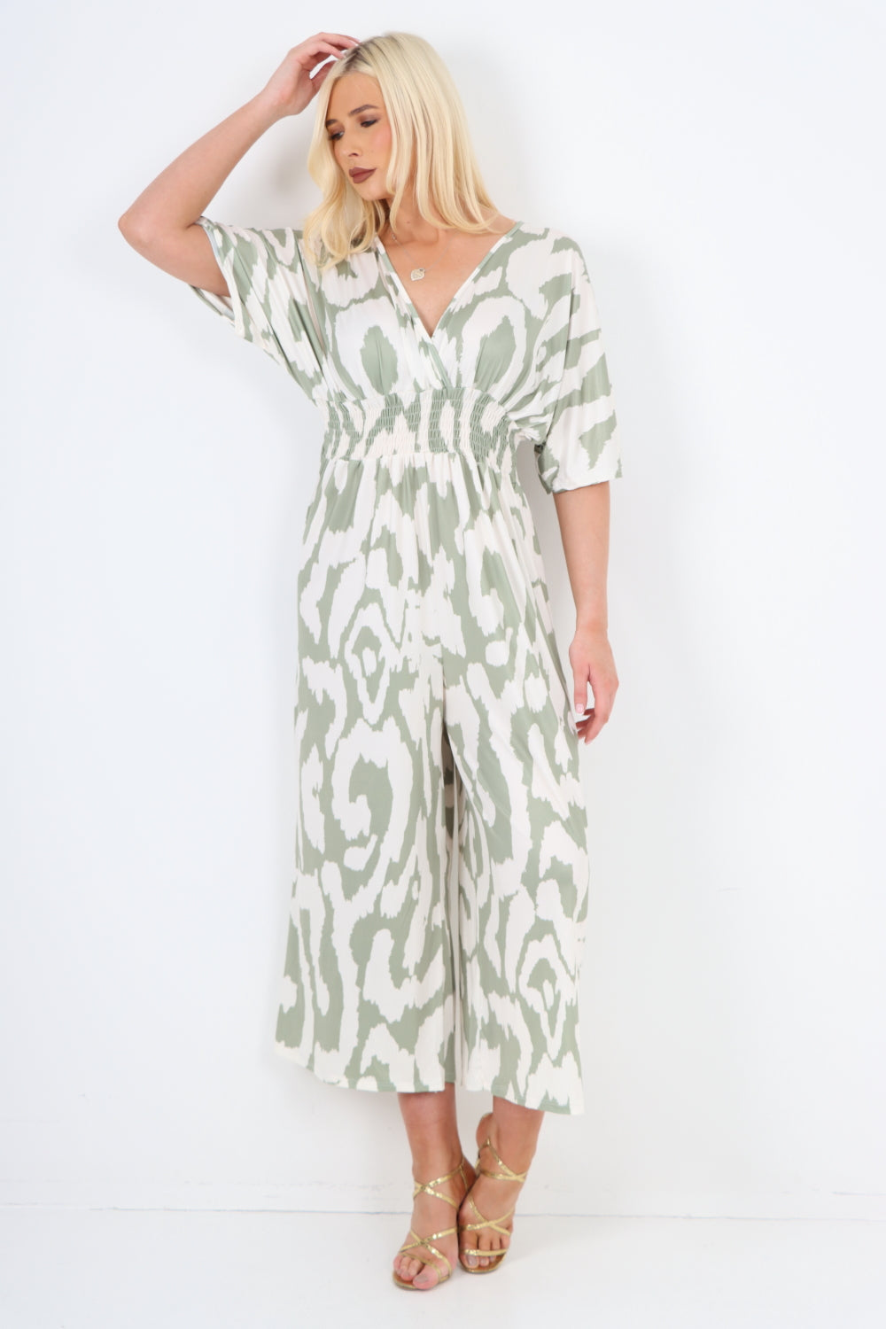 italian shirred elasticated waist animal print short sleeve jumpsuit Jumpsuits & Rompers WearAll Sage Green One Size To Fit UK 8-18