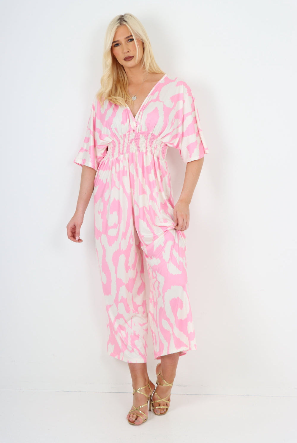 italian shirred elasticated waist animal print short sleeve jumpsuit Jumpsuits & Rompers WearAll
