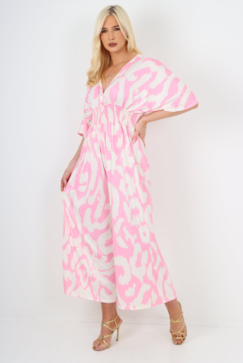 italian shirred elasticated waist animal print short sleeve jumpsuit Jumpsuits & Rompers WearAll