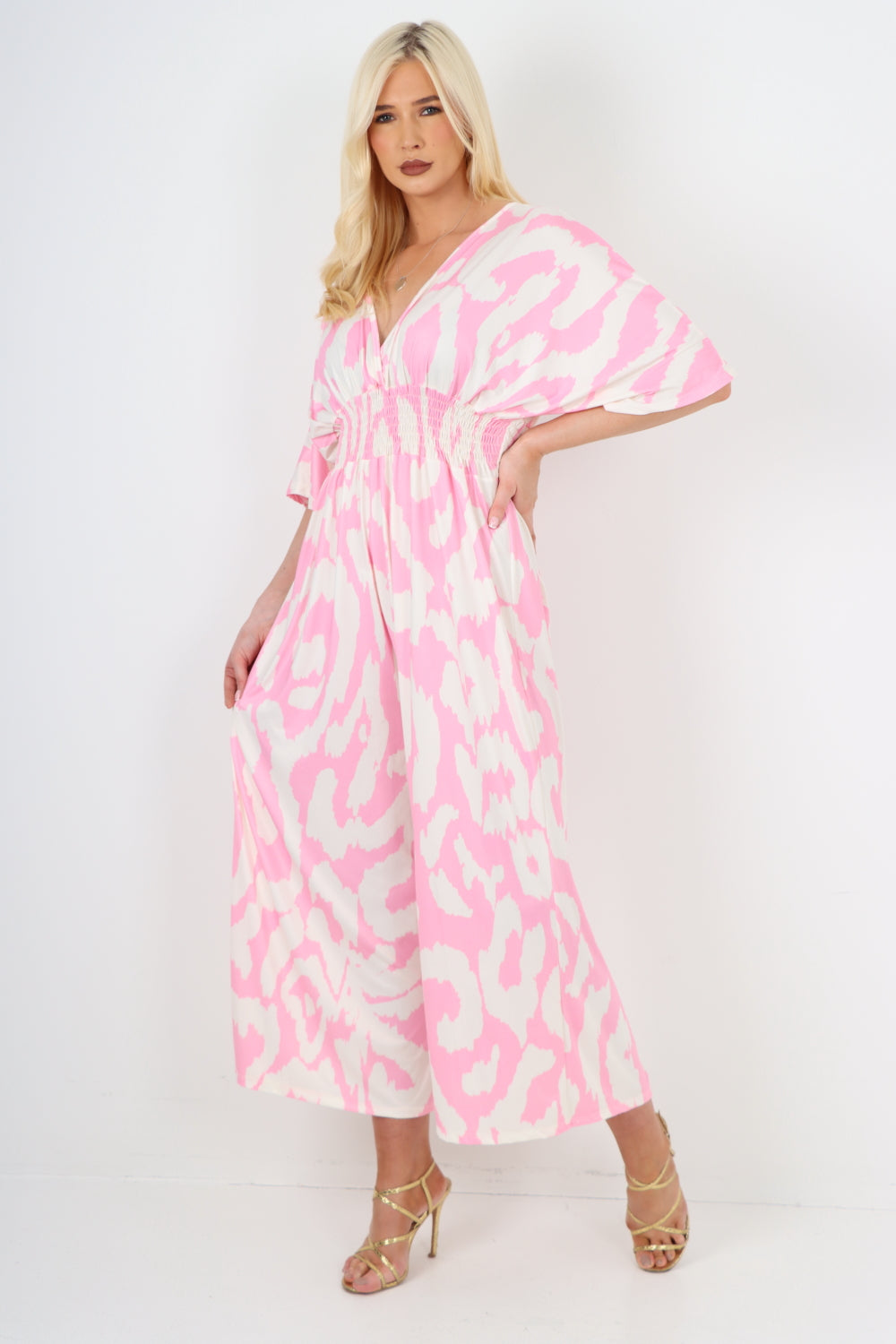 italian shirred elasticated waist animal print short sleeve jumpsuit Jumpsuits & Rompers WearAll