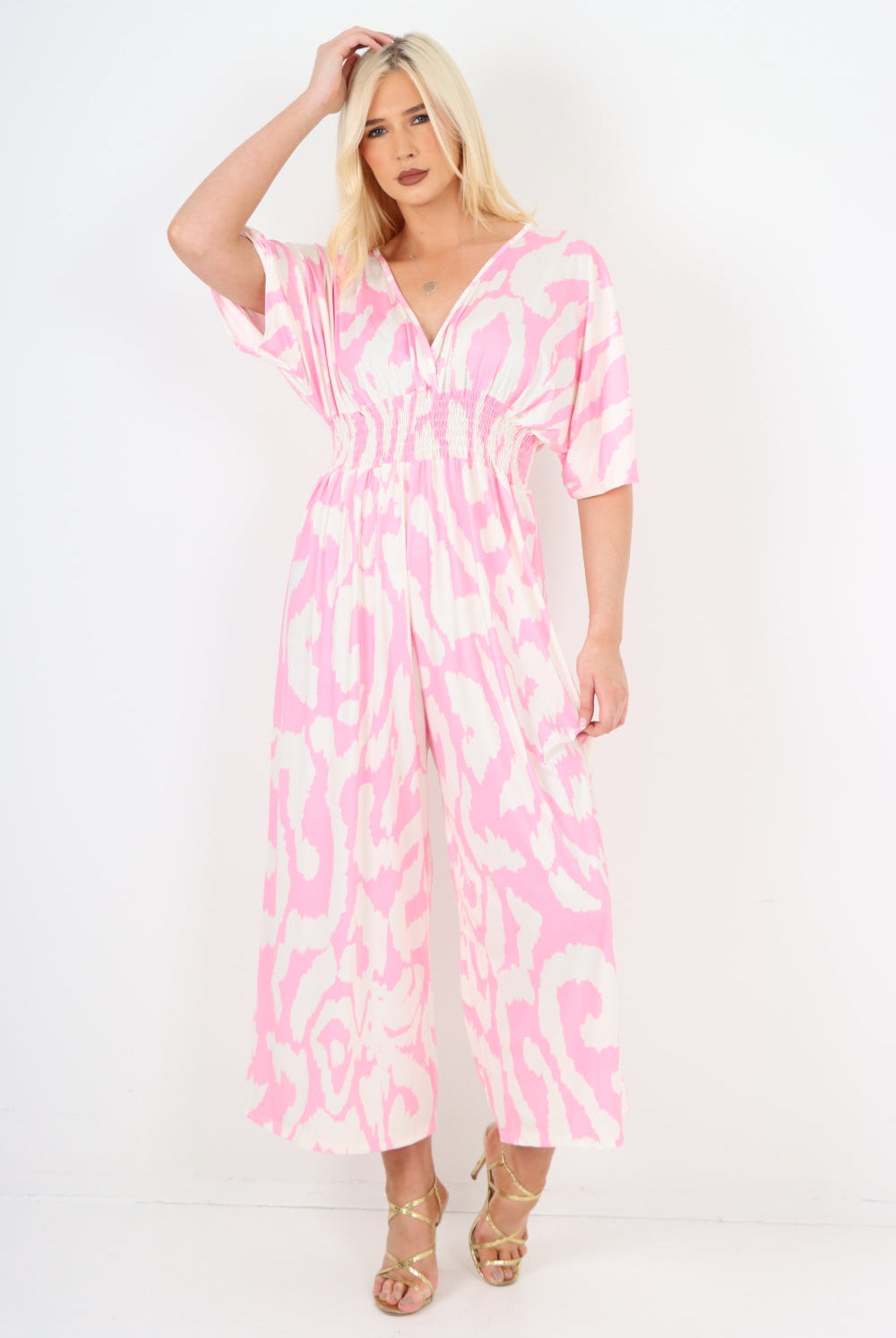 italian shirred elasticated waist animal print short sleeve jumpsuit Jumpsuits & Rompers WearAll Light Pink One Size To Fit UK 8-18