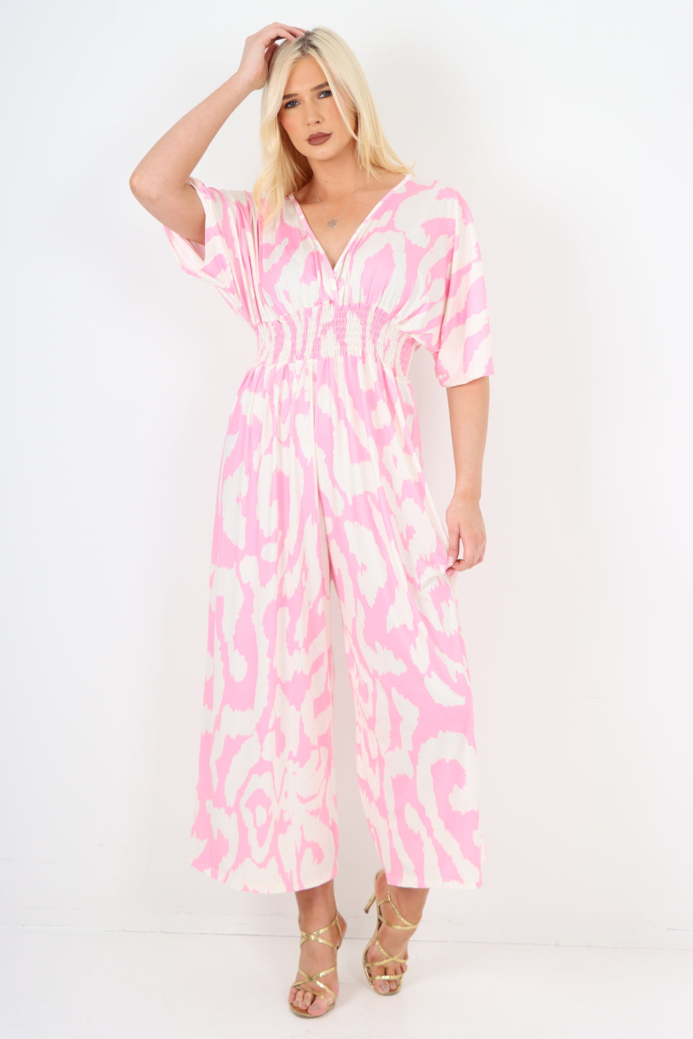 italian shirred elasticated waist animal print short sleeve jumpsuit Jumpsuits & Rompers WearAll Light Pink One Size To Fit UK 8-18