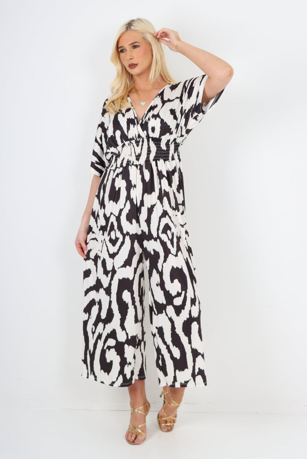 italian shirred elasticated waist animal print short sleeve jumpsuit Jumpsuits & Rompers WearAll