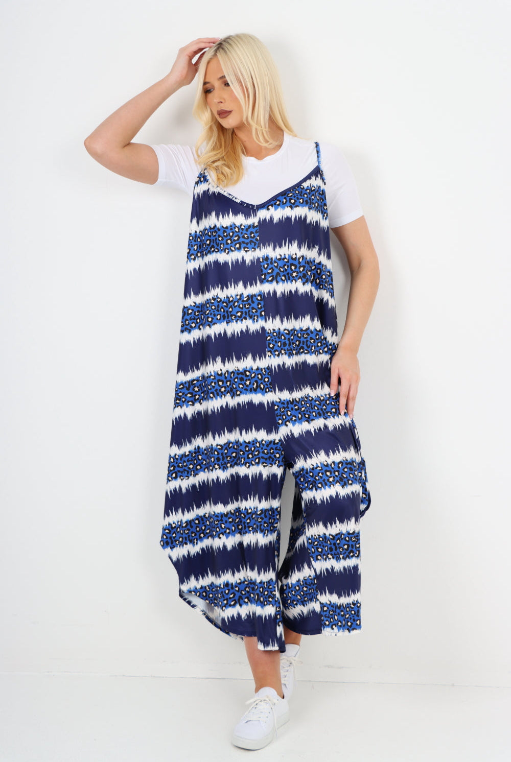 italian animal print deep v neck jumpsuit Jumpsuits & Rompers WearAll Navy One Size To Fit UK 8-22