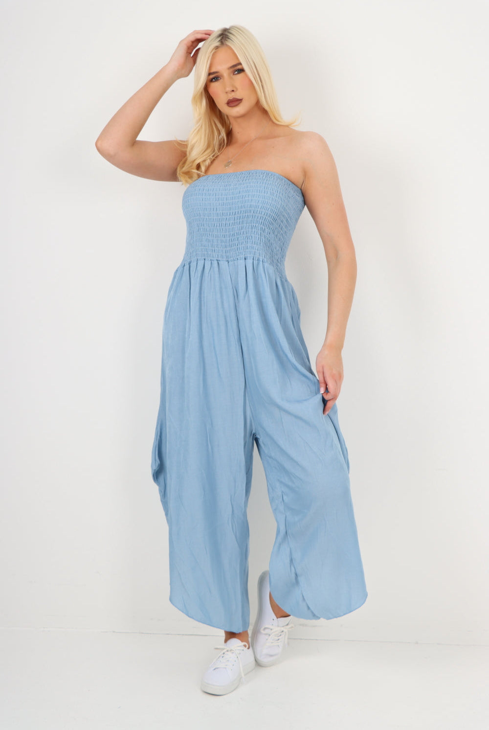 italian denim look ruched detail jumpsuit Jumpsuits WearAll