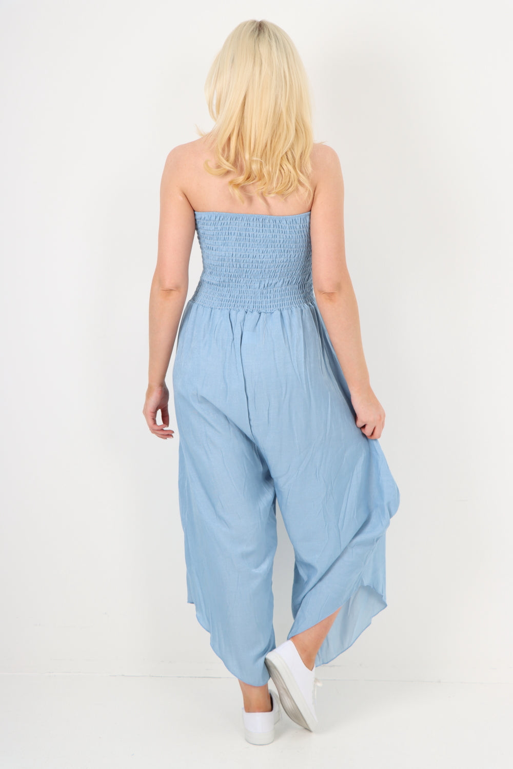 italian denim look ruched detail jumpsuit Jumpsuits WearAll