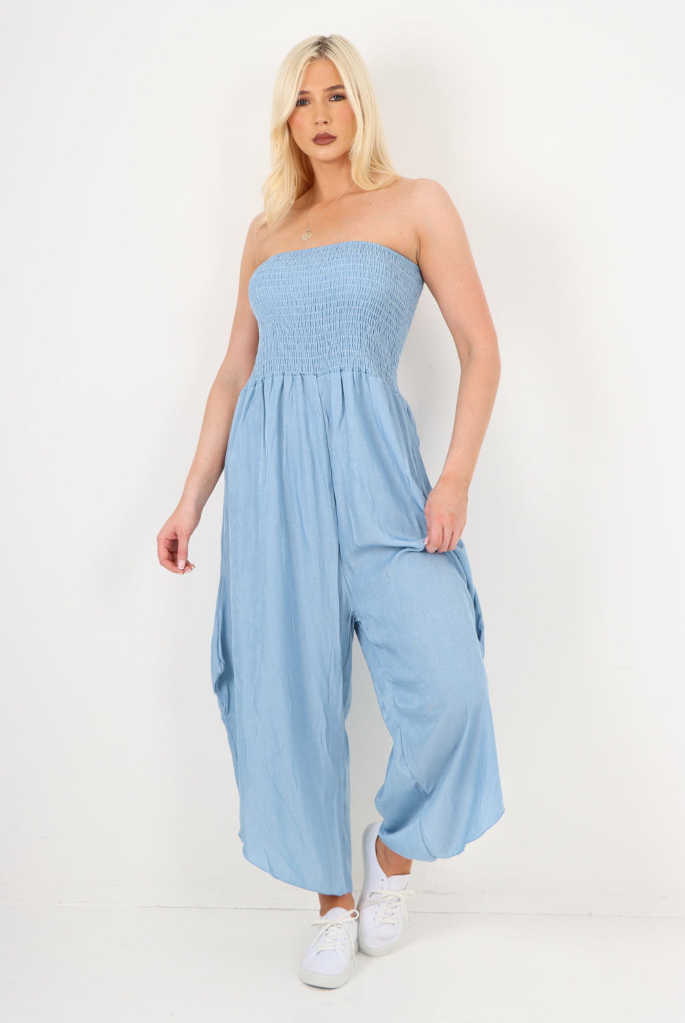 italian denim look ruched detail jumpsuit Jumpsuits WearAll Light Denim One Size To Fit UK 8-16