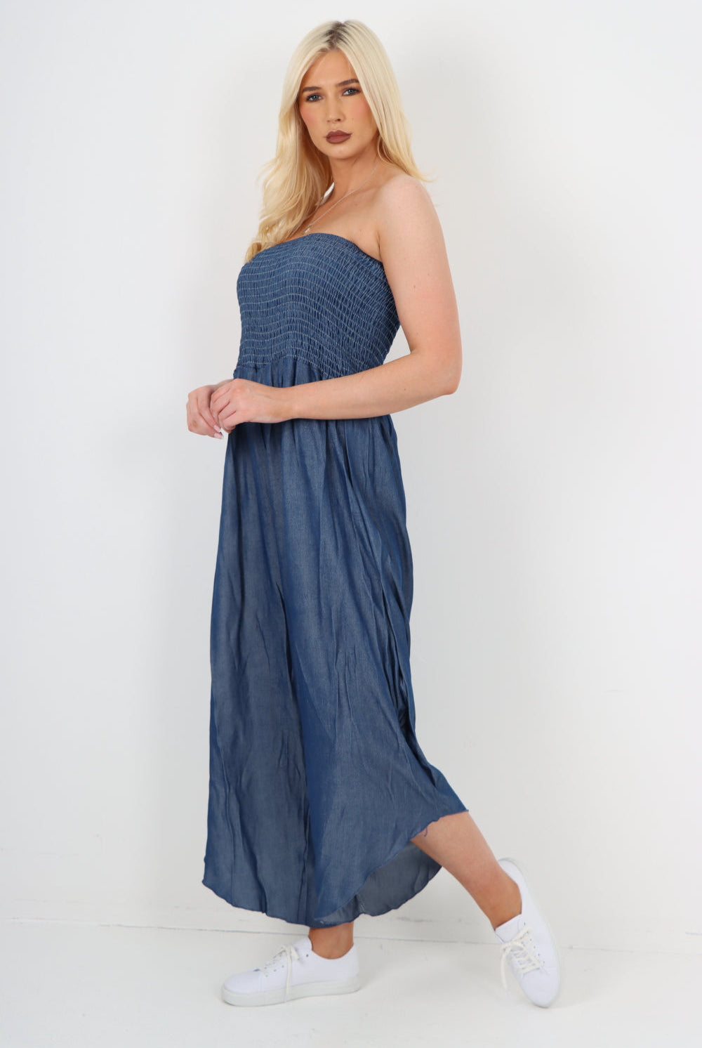 italian denim look ruched detail jumpsuit Jumpsuits WearAll