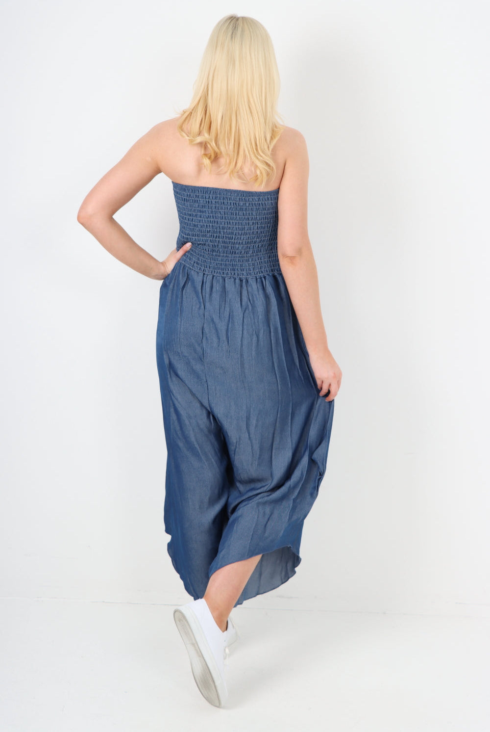 italian denim look ruched detail jumpsuit Jumpsuits WearAll