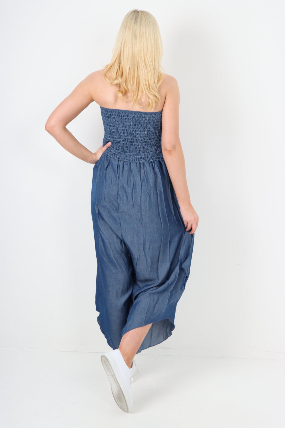 italian denim look ruched detail jumpsuit Jumpsuits WearAll