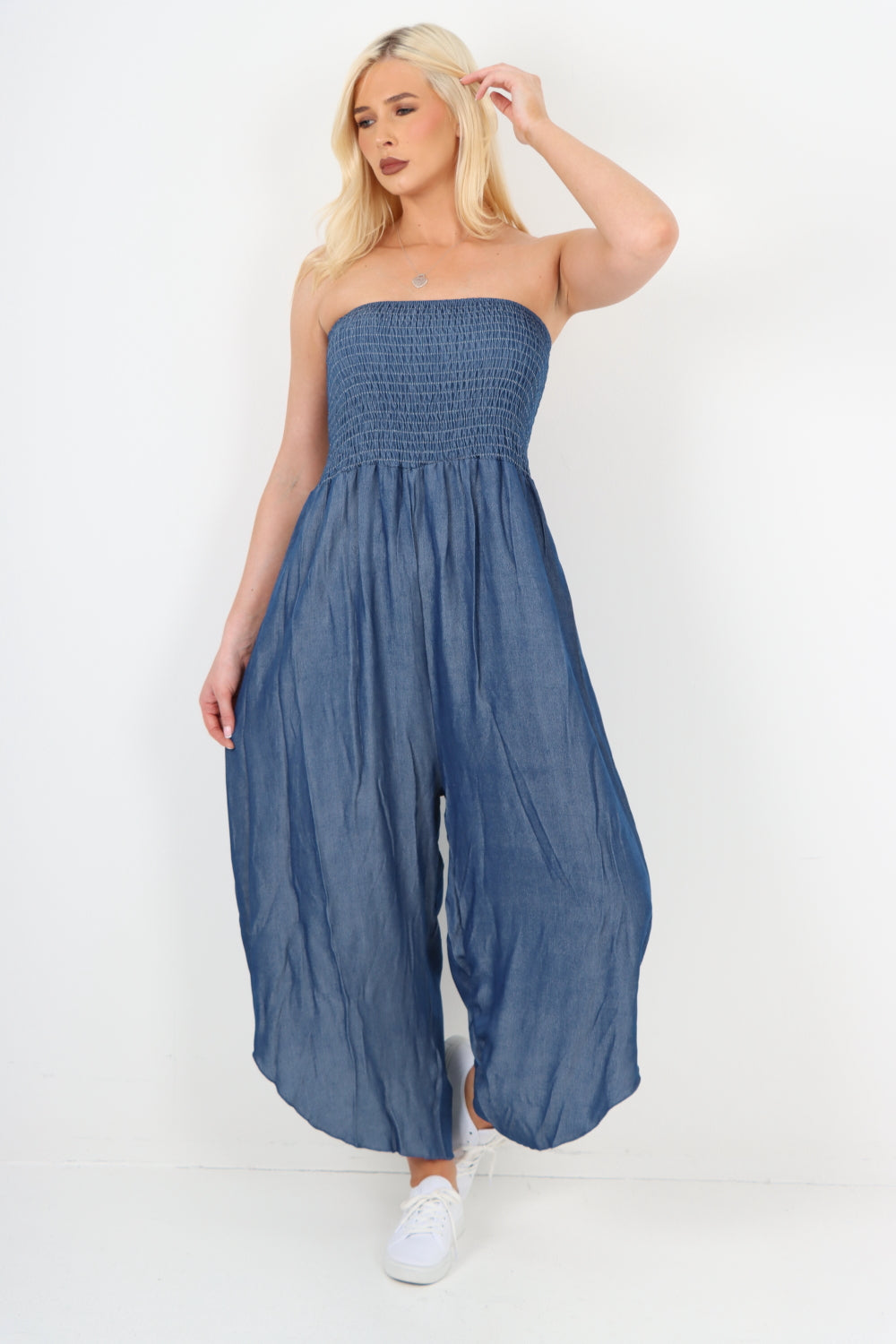 italian denim look ruched detail jumpsuit Jumpsuits WearAll Dark Denim One Size To Fit UK 8-16