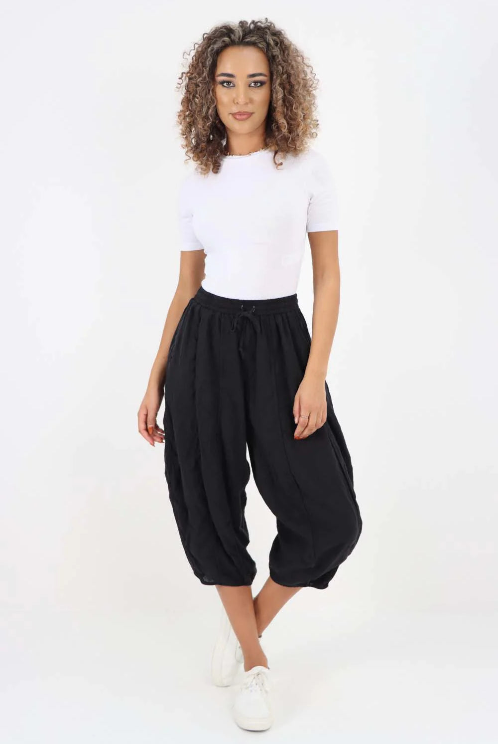 Italian Panelled 3/4 Length Linen Joggers Trouser WearAll Black 12