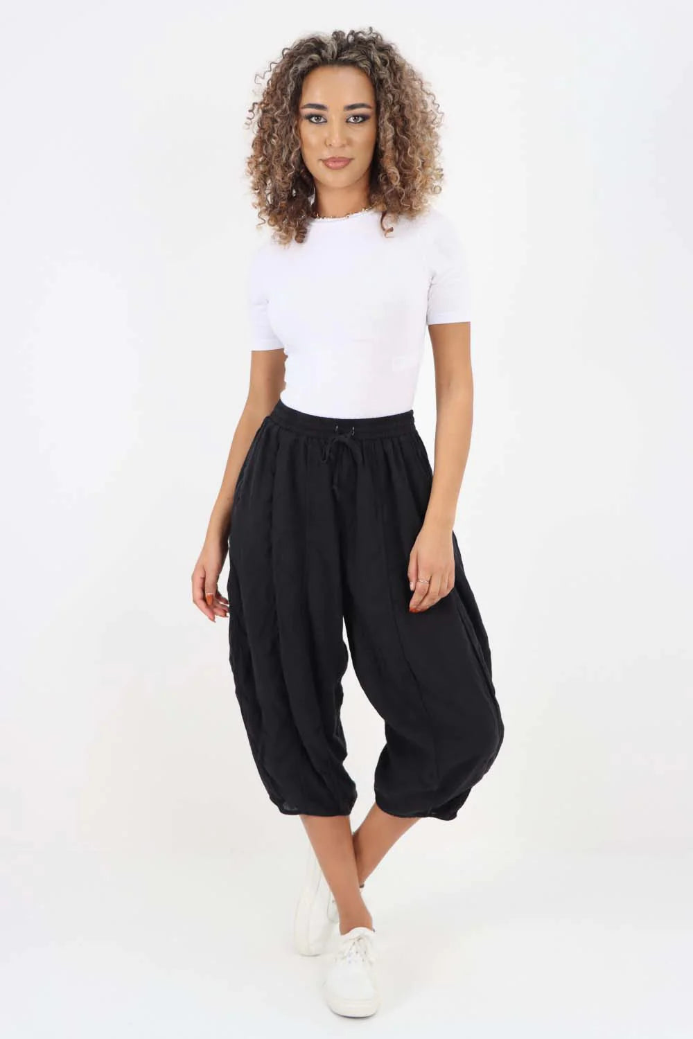 Italian Panelled 3/4 Length Linen Joggers Trouser WearAll Black 12