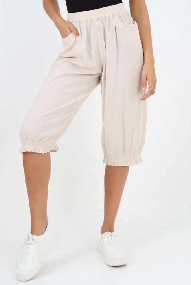 Italian Frill Hem 3/4 Linen Jogger Trouser WearAll Nude 8