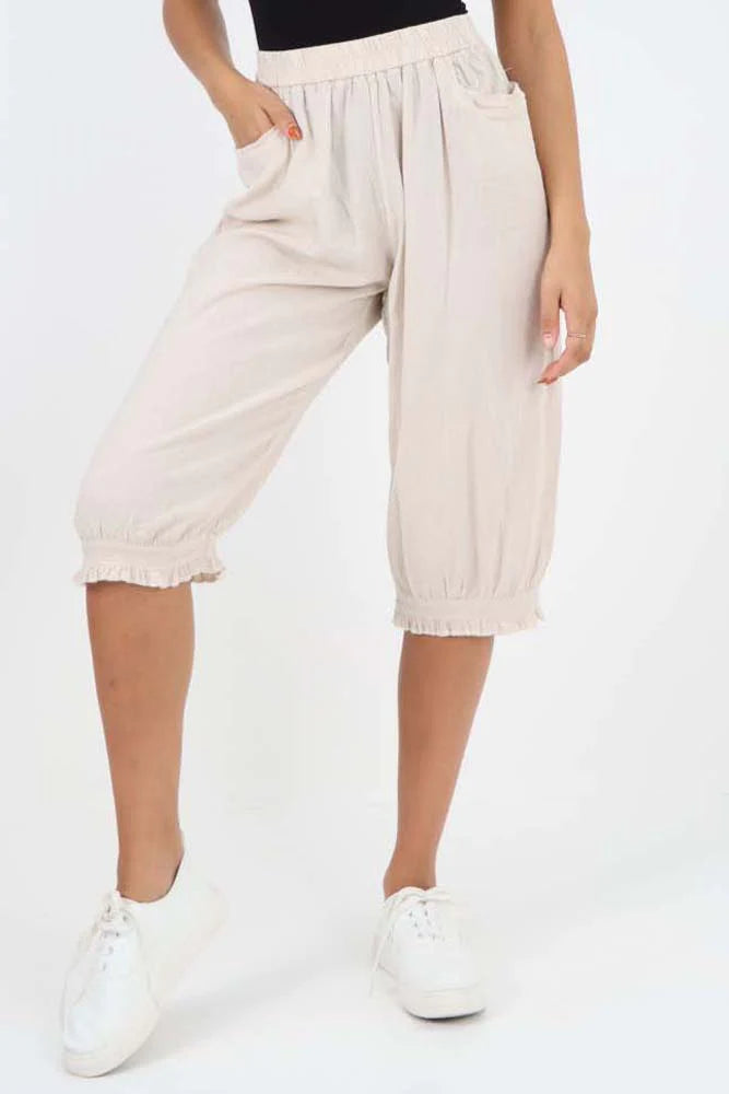 Italian Frill Hem 3/4 Linen Jogger Trouser WearAll Nude 8