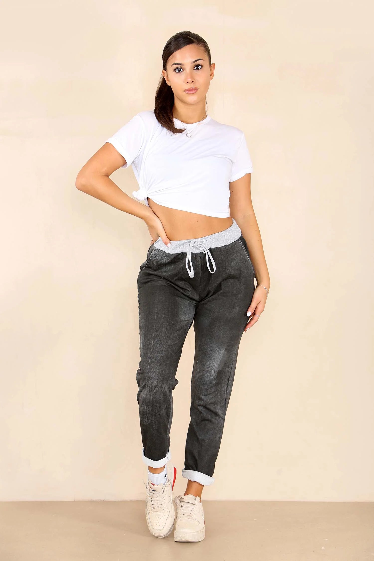 Plus Size Italian Plain Drawstring Cotton Joggers Trouser WearAll Dark Black 16