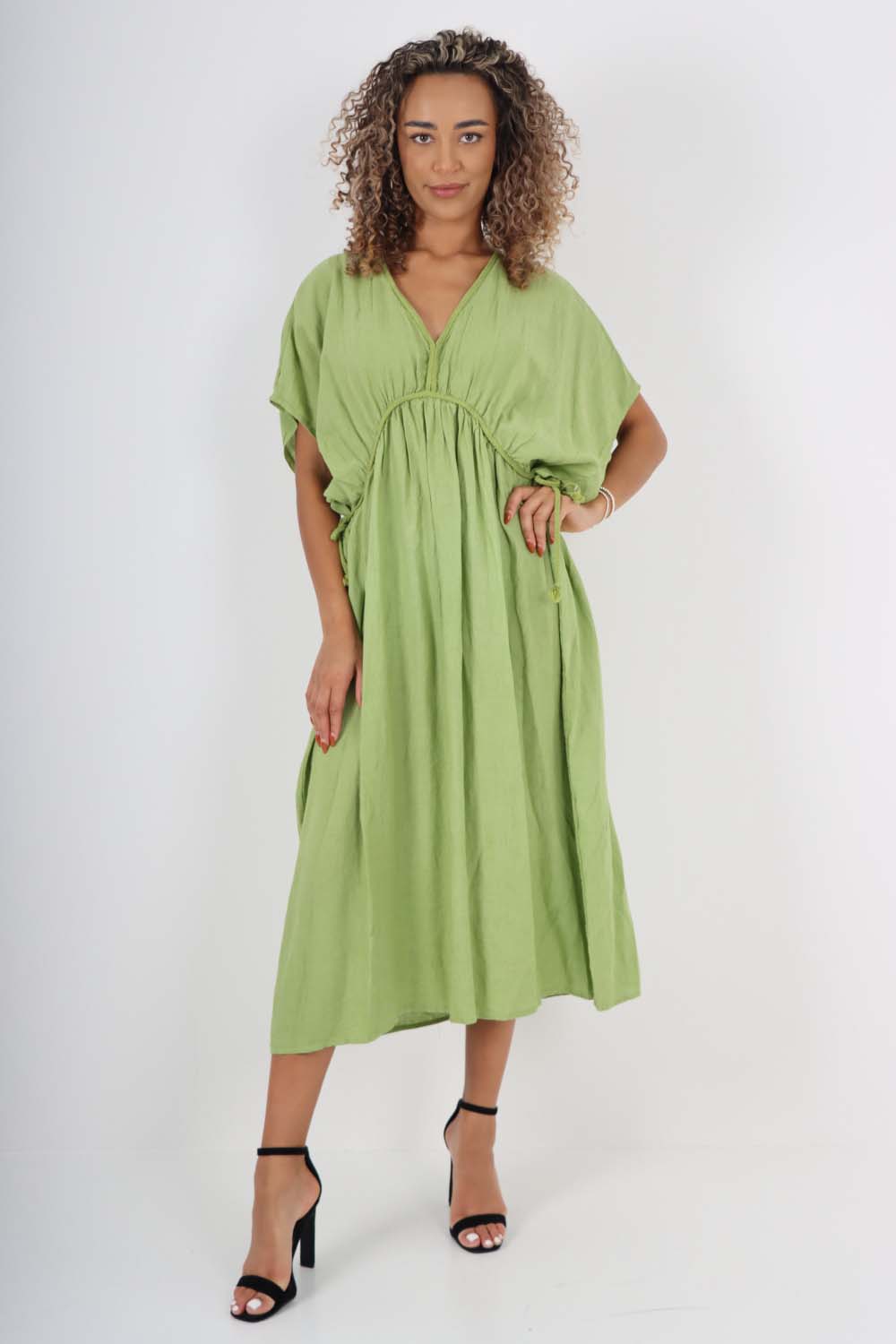 Italian Drawestring Front Flared Linen Dress Dress WearAll Jade Green One Size (Fits UK 12-22)