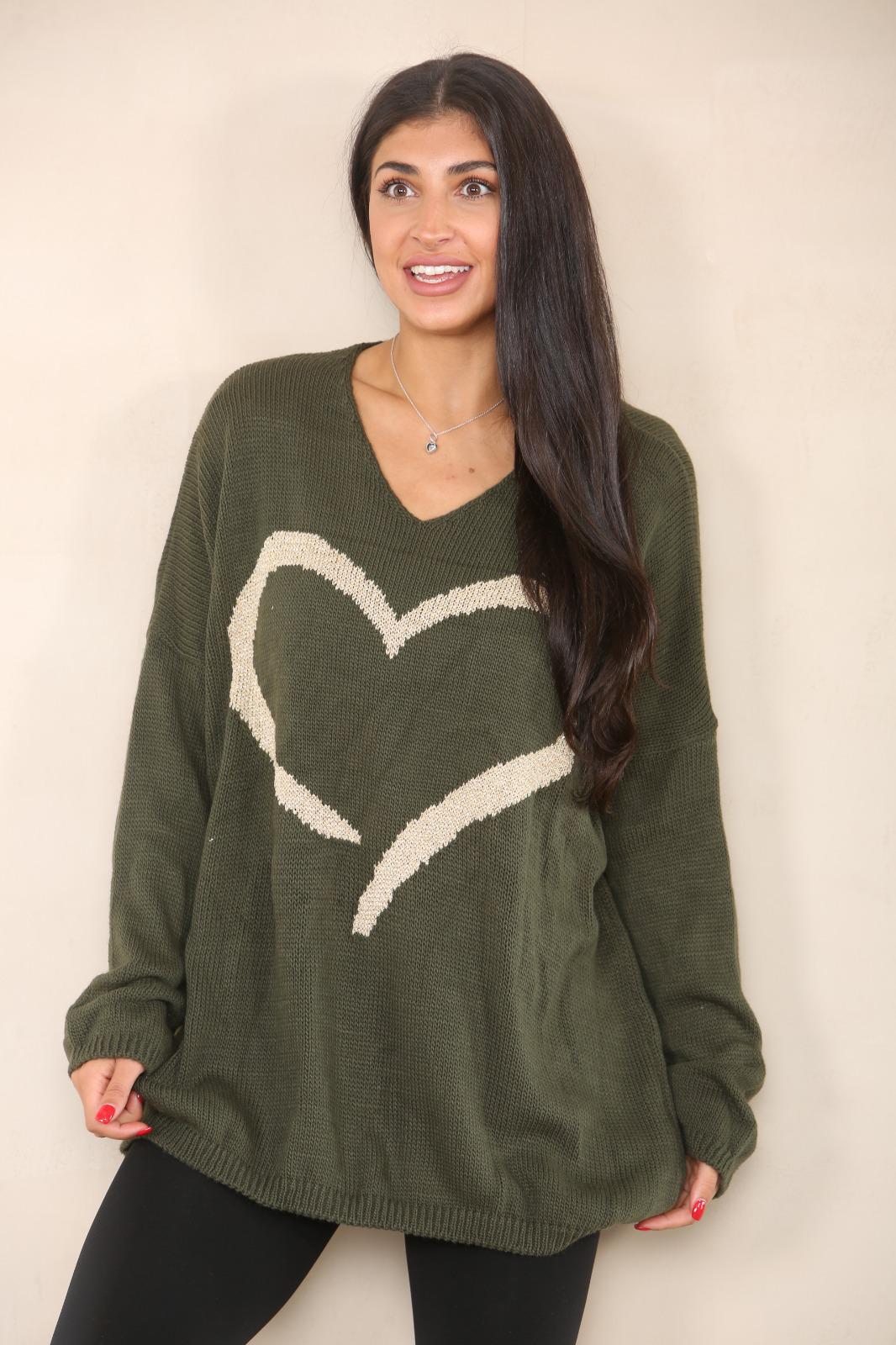 Oversized Heart Print Jumper Top Shirts WearAll Khaki 12-24