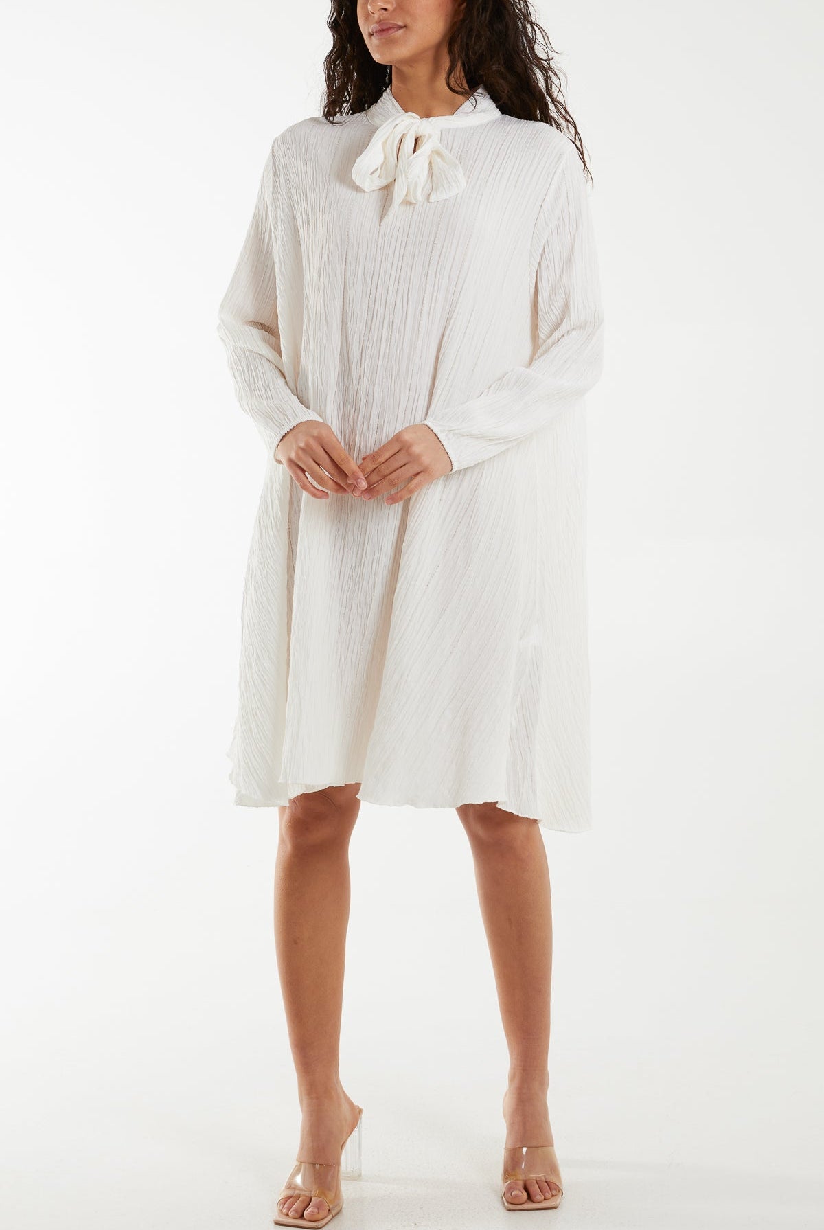 Pussy Bow Crinkle Fabric Midi Dress Dresses WearAll Cream One Size