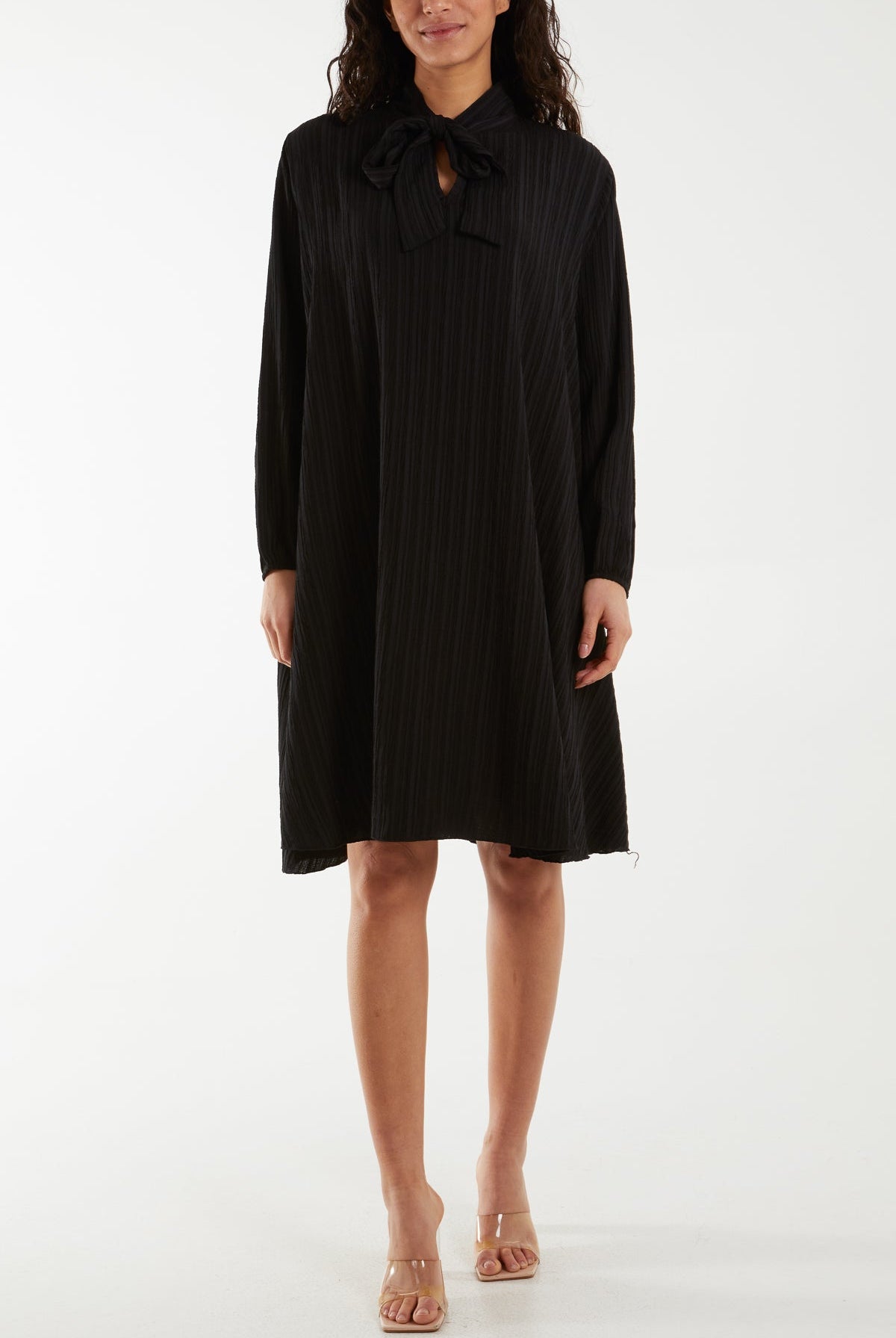 Pussy Bow Crinkle Fabric Midi Dress Dresses WearAll Black One Size