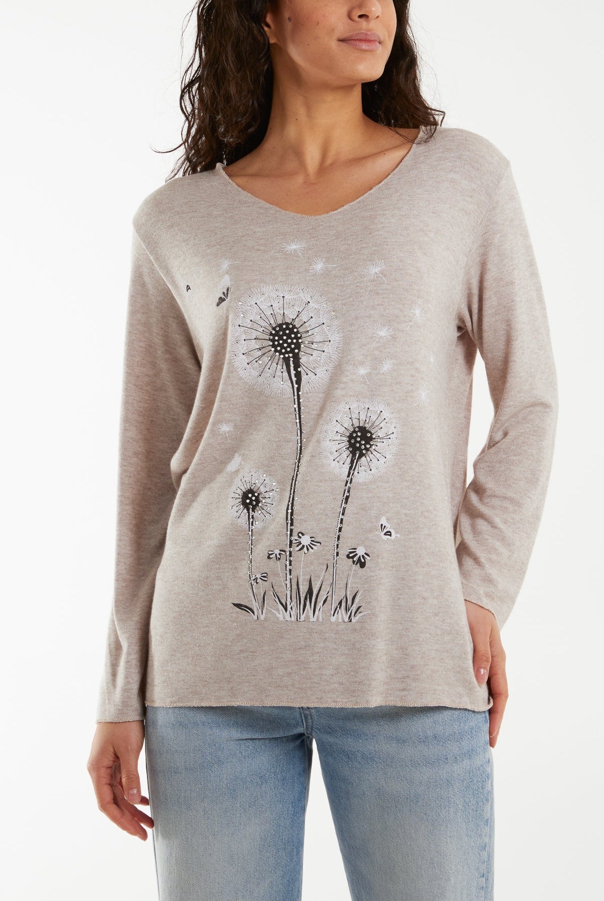 Diamante Dandelion Flower Fine Knit Jumpers WearAll Stone One Size