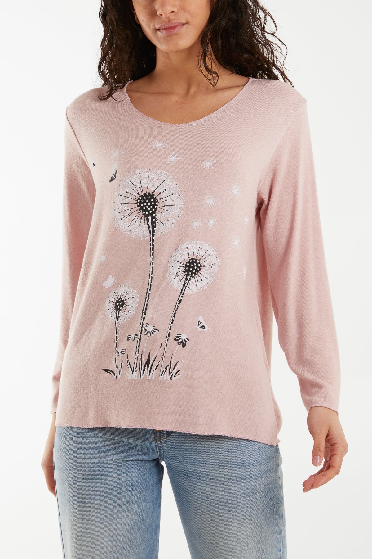 Diamante Dandelion Flower Fine Knit Jumpers WearAll Blush One Size