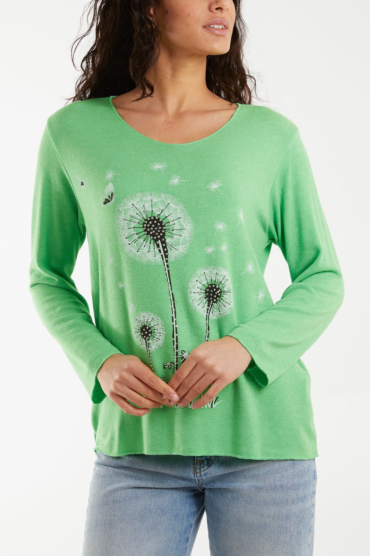 Diamante Dandelion Flower Fine Knit Jumpers WearAll Lime One Size