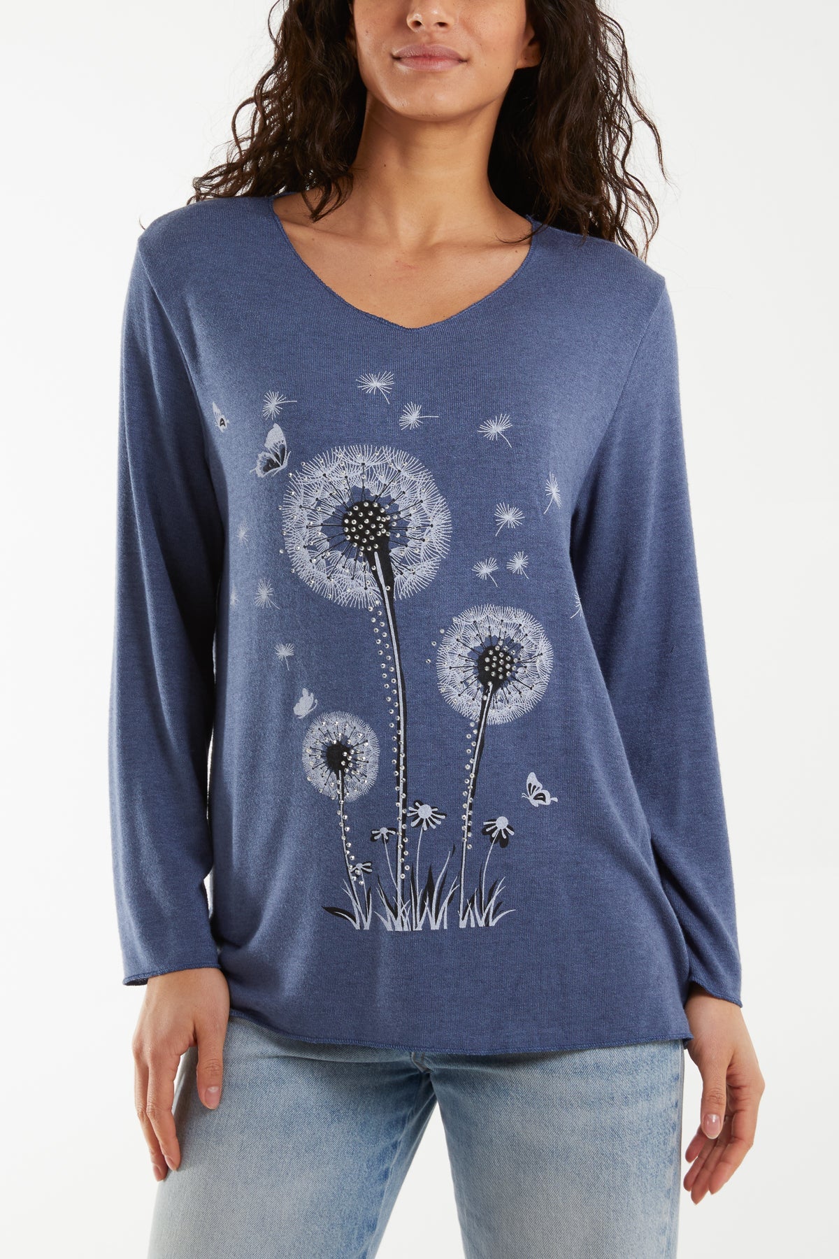 Diamante Dandelion Flower Fine Knit Jumpers WearAll Denim One Size