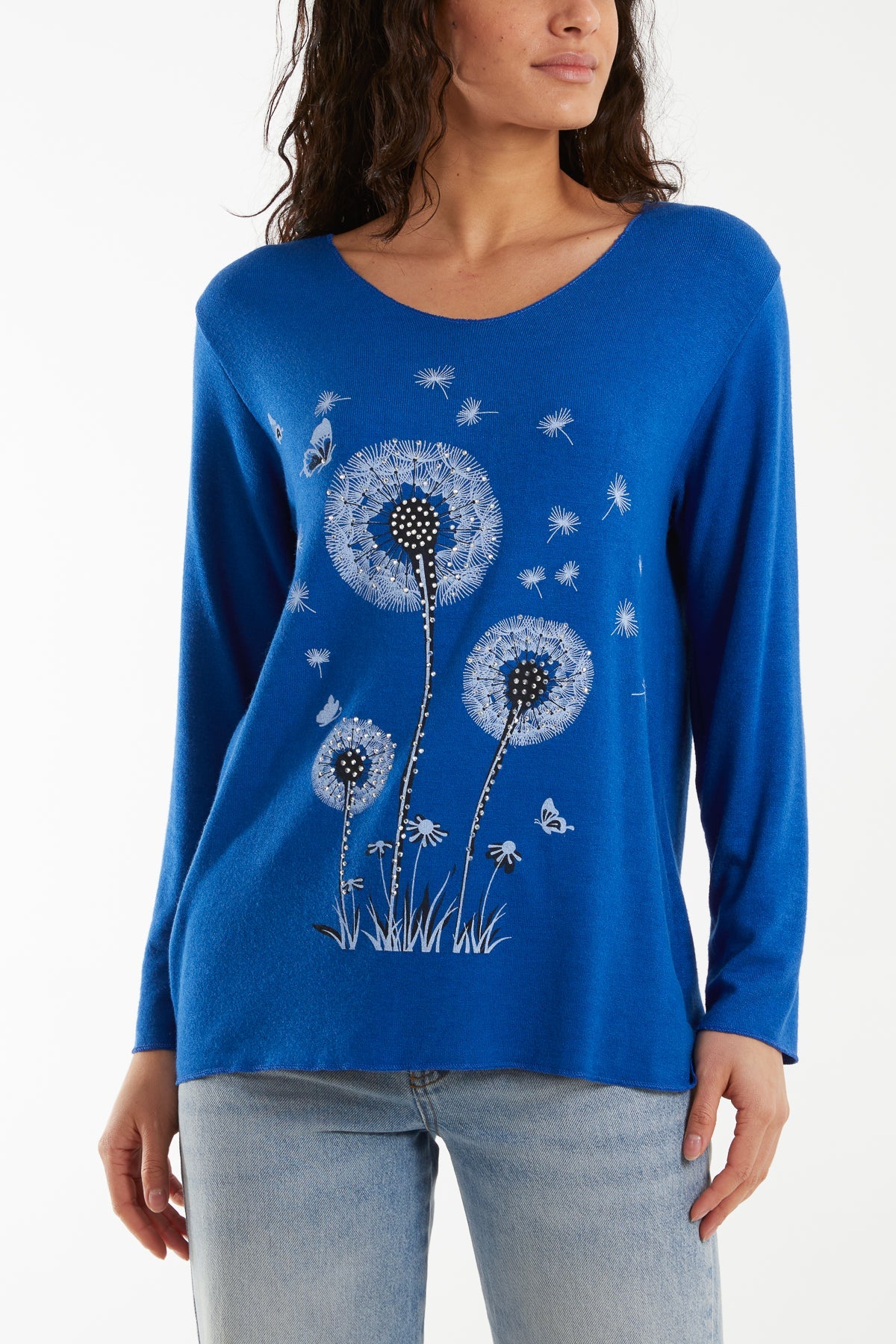 Diamante Dandelion Flower Fine Knit Jumpers WearAll Royal Blue One Size